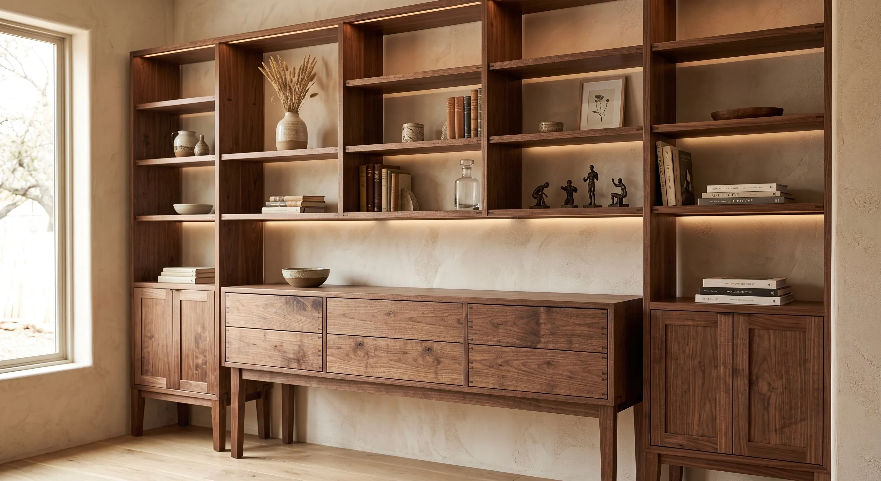Un mueble empotrado de nogal con estantería y gabinetes, con iluminación cálida